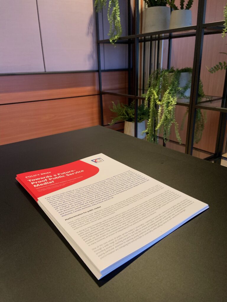 Photograph of a number of copies of the first policy brief stacked on a table.