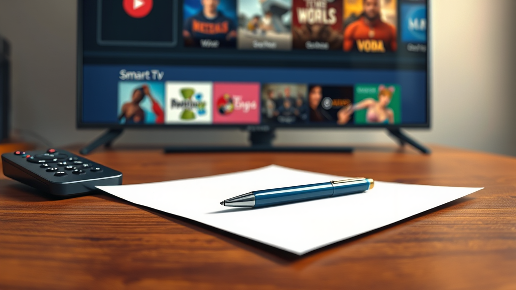 A pen and paper on a desk infront of a smart TV