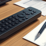 A decorative image of a remote control, a notebook, and a pen placed aesthetically on a wooden desk.