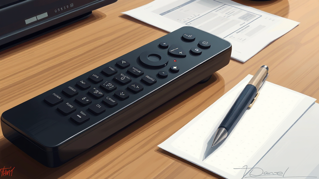A decorative image of a remote control, a notebook, and a pen placed aesthetically on a wooden desk.