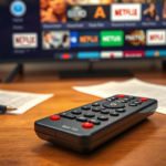 A remote control placed on a coffee table with papers and a pen, and a smart TV in the background displaying a video on demand interface.