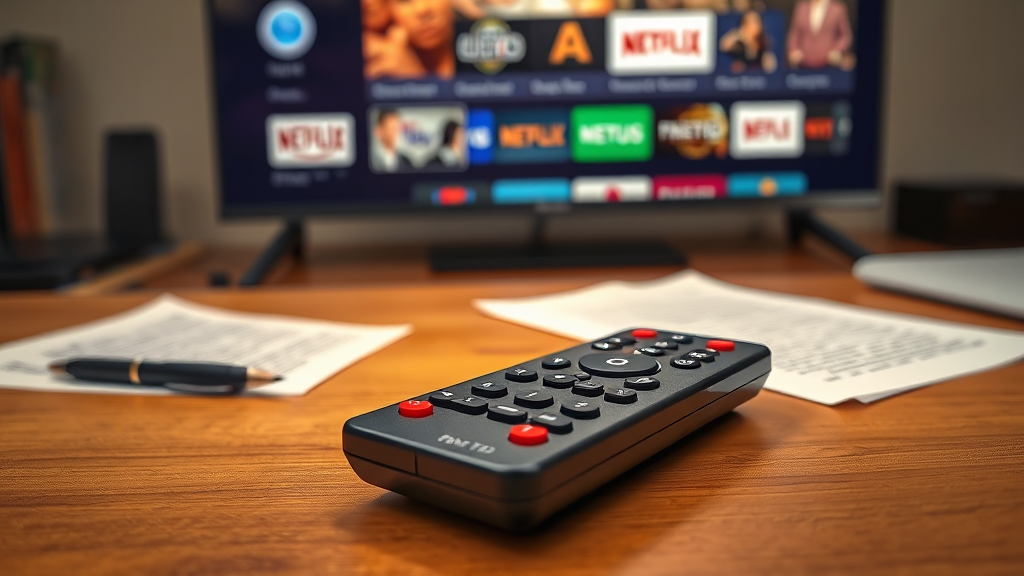 A remote control placed on a coffee table with papers and a pen, and a smart TV in the background displaying a video on demand interface.