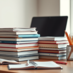 Image of a studious desk stacked with books, pencils, and note taking pages.
