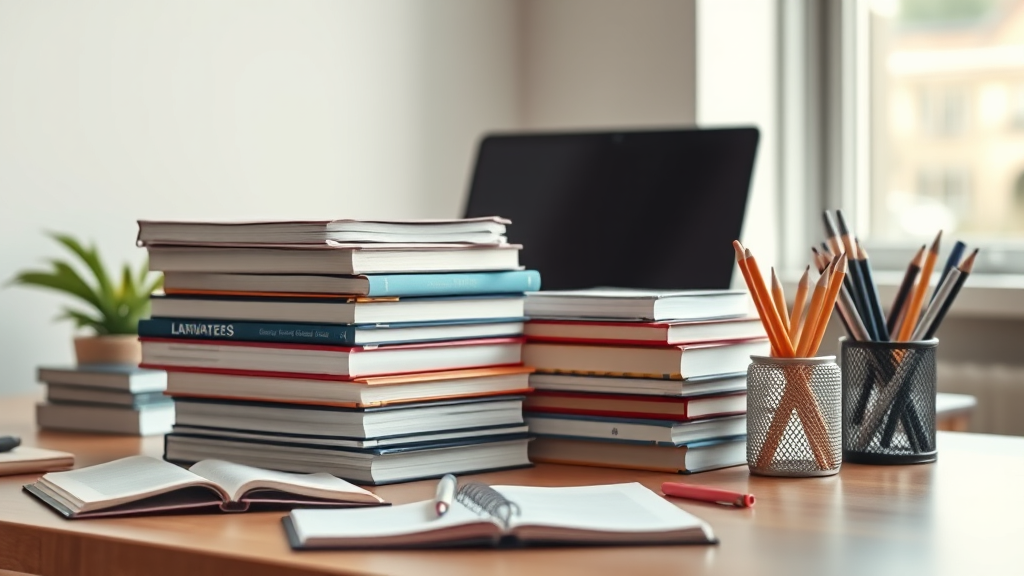 Image of a studious desk stacked with books, pencils, and note taking pages.