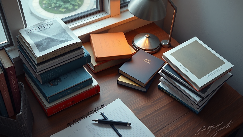 Image of a sleek modern desk with books by a window.