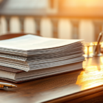 A stack of policy reports sitting on a wooden desk bathed in a late afternoon low-sunny glow.