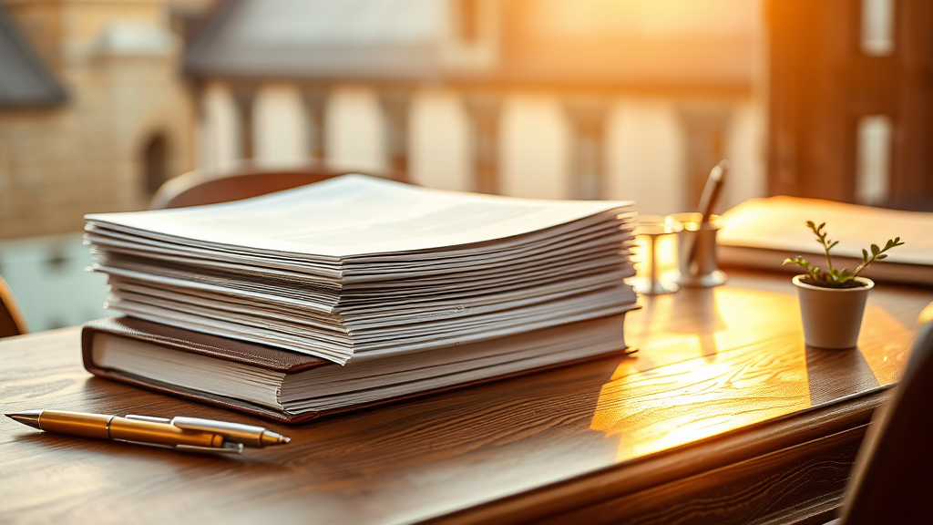 A stack of policy reports sitting on a wooden desk bathed in a late afternoon low-sunny glow.