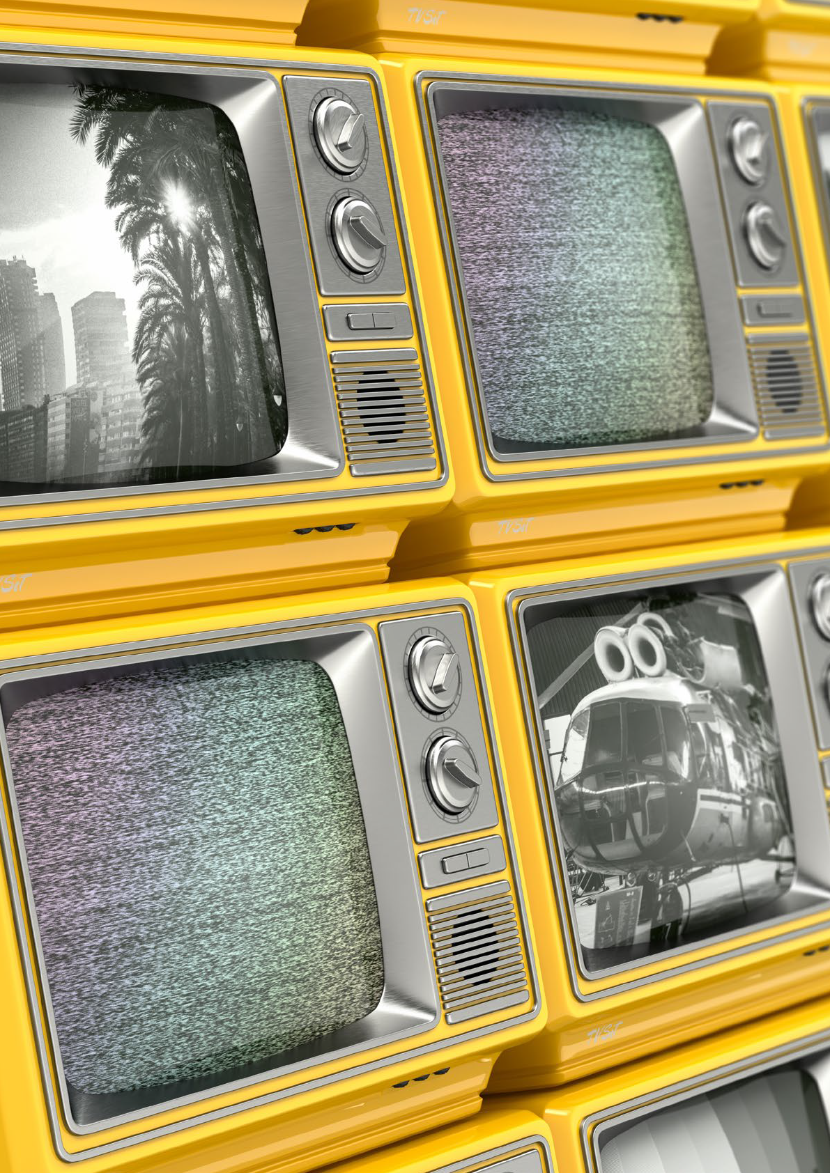 Stack of old TVs displaying black and white images and static.